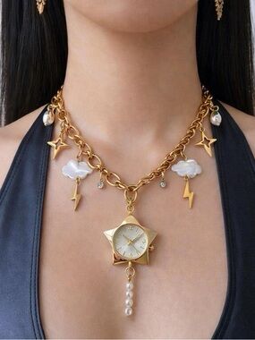 HANDMADE Stainless Steel Gold Chain WORKING WATCH Celestial Watch Necklace